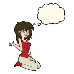 cartoon pretty girl waving with thought bubble