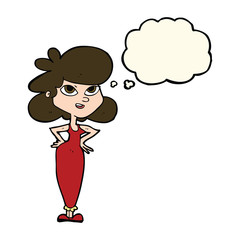 cartoon girl with hands on hips with thought bubble