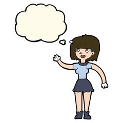 cartoon girl waving with thought bubble