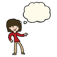 cartoon girl pointing with thought bubble