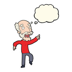cartoon frightened old man with thought bubble