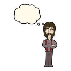 cartoon long mustache man with folded arms with thought bubble