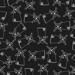 Sketch Holland windmill, vector seamless pattern on black backgr