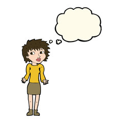 cartoon woman shrugging shoulders with thought bubble