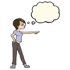 cartoon hip woman pointing with thought bubble