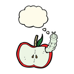 cartoon apple with bug with thought bubble