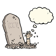 cartoon zombie rising from grave with thought bubble
