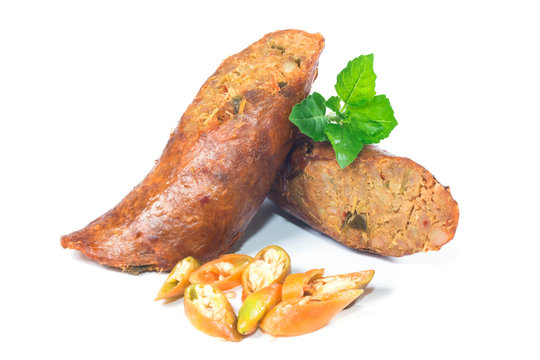 smoked sausage against on white background, Local cuisine of northern Thailand

