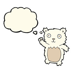 cartoon waving polar bear cub with thought bubble