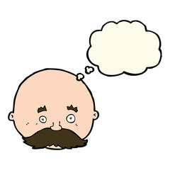 cartoon bald man with mustache with thought bubble