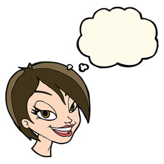 cartoon pretty female face with thought bubble