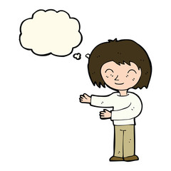 cartoon woman gesturing welcome with thought bubble