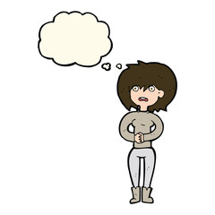 cartoon worried woman with thought bubble