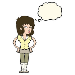 cartoon pretty woman with hands on hips with thought bubble