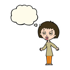 cartoon tired woman with thought bubble