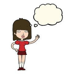cartoon woman waving with thought bubble