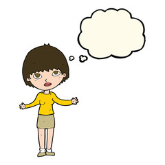 cartoon woman shrugging  with thought bubble