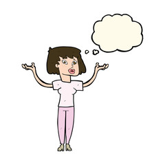 cartoon woman holding up hands with thought bubble