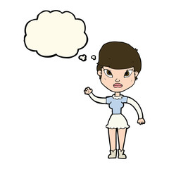 cartoon woman waving with thought bubble