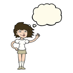 cartoon woman waving with thought bubble