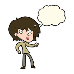 cartoon surprised woman pointing with thought bubble
