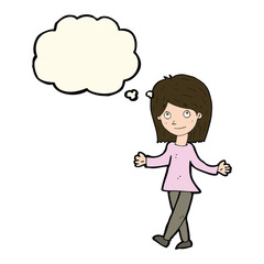 cartoon woman with no worries with thought bubble