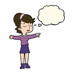 cartoon happy woman pointing with thought bubble