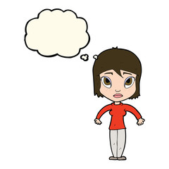 cartoon woman shrugging shoulders with thought bubble