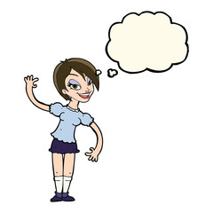 cartoon girl waving with thought bubble
