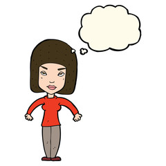 cartoon woman shrugging shoulders with thought bubble
