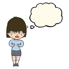 cartoon woman making Who Me? gesture with thought bubble