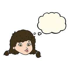 cartoon pretty female face with thought bubble