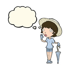 cartoon woman in summer hat waving with thought bubble