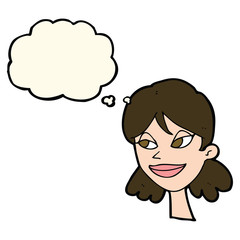 cartoon happy female face with thought bubble