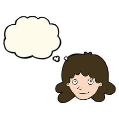 cartoon happy female face with thought bubble