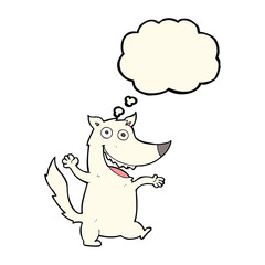 cartoon happy wolf with thought bubble