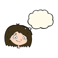 cartoon happy female face with thought bubble