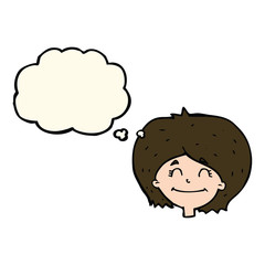 cartoon happy female face with thought bubble