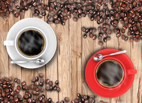 White and red coffee cup with beans on wooden