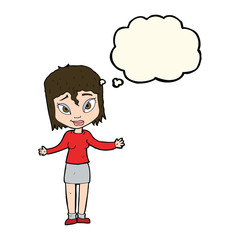 cartoon woman shrugging shoulders with thought bubble