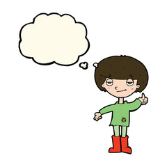 cartoon boy in poor clothing giving thumbs up symbol with though