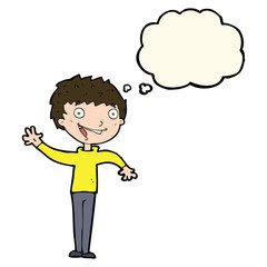 cartoon happy boy waving with thought bubble