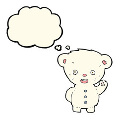 cartoon waving polar bear cub with thought bubble