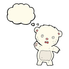 cartoon waving polar bear cub with thought bubble
