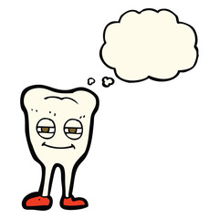 cartoon smiling tooth with thought bubble