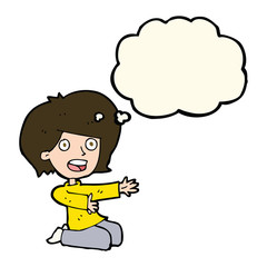 cartoon shocked woman on knees with thought bubble