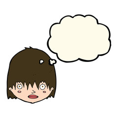 cartoon staring woman with thought bubble