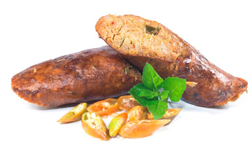 smoked sausage against on white background, Local cuisine of northern Thailand

