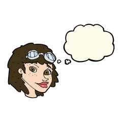 cartoon happy woman wearing aviator goggles with thought bubble