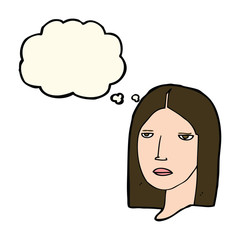 cartoon serious woman with thought bubble